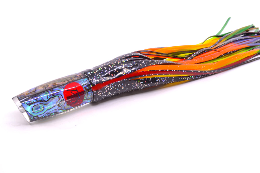 Bonze Lures Paua Shell Red Eyes Here For The Party 10" 8oz Skirted Black/Orange-Yellow-Blue