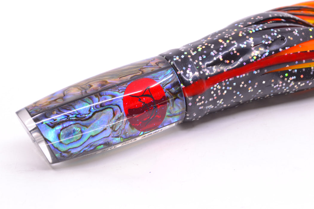 Bonze Lures Paua Shell Red Eyes Here For The Party 10" 8oz Skirted Black/Orange-Yellow-Blue