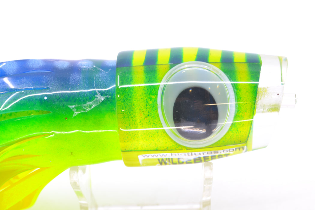 Big T Lures Yellow Pearl Blue Striped Back Wildebeest 12" 7oz Skirted Blue Dots-Chartreuse GZE