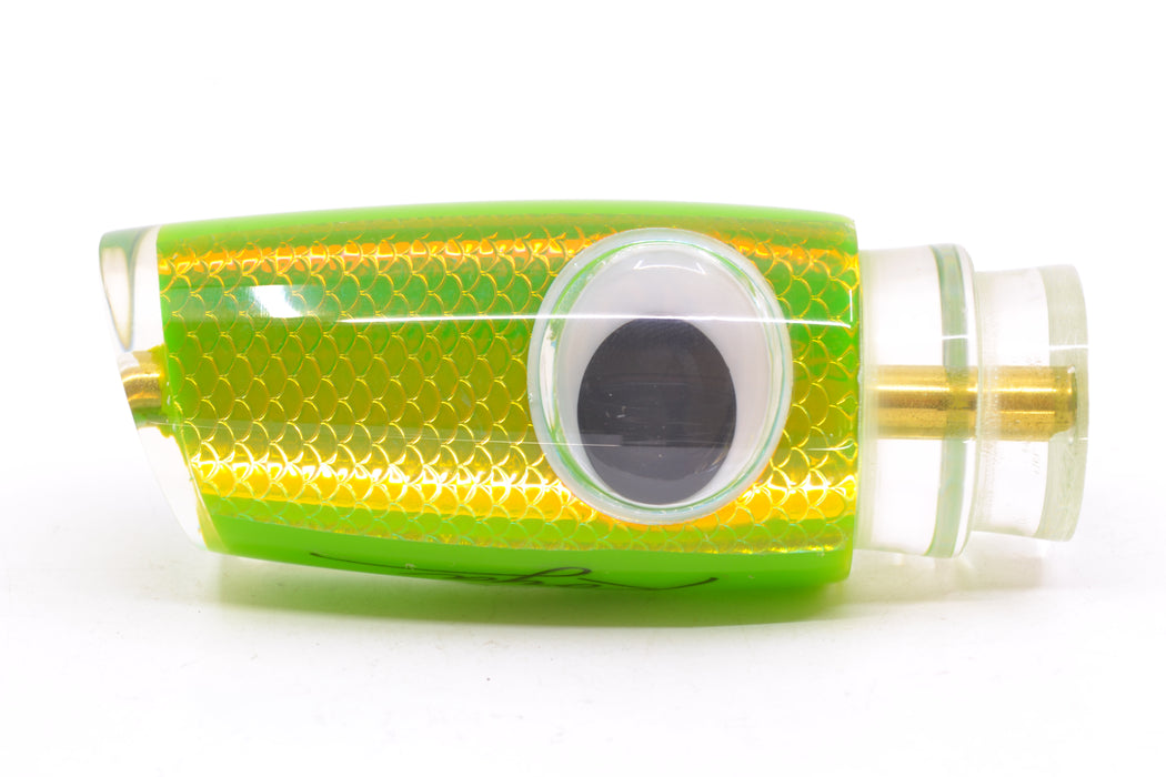 Koya Lures Lime Green Rainbow Scale Doll Eyes Medium Kona Plunger 10" 5oz GZE