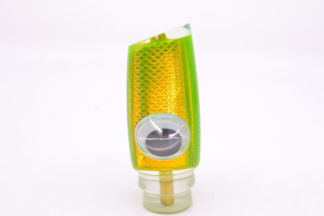 Koya Lures Lime Green Rainbow Scale Doll Eyes Medium Kona Plunger 10" 5oz GZE