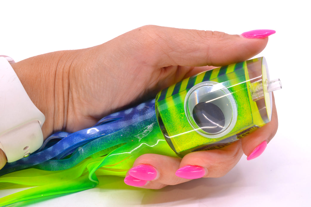 Big T Lures Yellow Pearl Blue Striped Back Wildebeest 12" 7oz Skirted Blue Dots-Chartreuse GZE