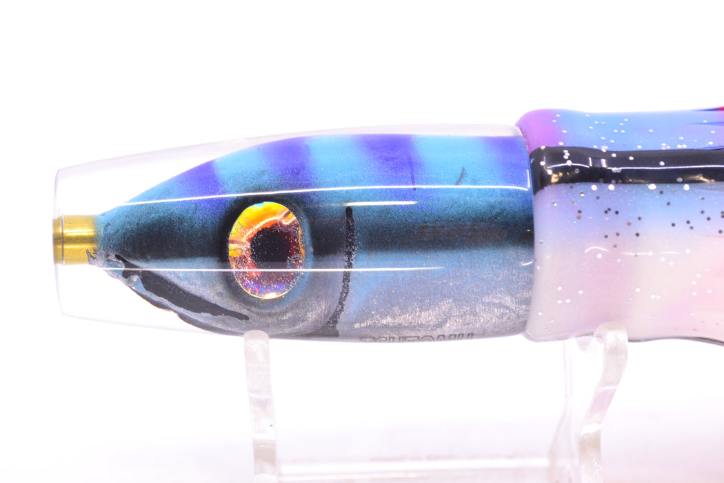 Tsutomu Lures Blue & Purple Bars-Black Line Fish Head Ali'i Invert 7" 5.7oz Skirted Gay Bob