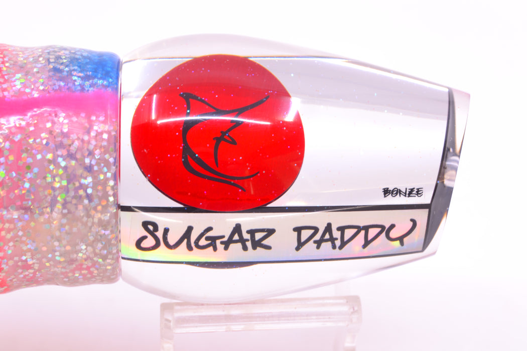 Bonze Lures Clear Mirrored Red Eyes Sugar Daddy 14" 16.5oz Skirted Holo-Blue Bars/Pink