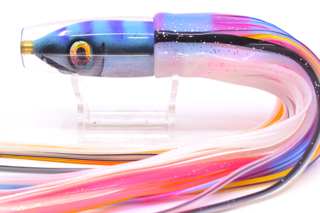 Tsutomu Lures Blue & Purple Bars-Black Line Fish Head Ali'i Invert 7" 5.7oz Skirted Gay Bob