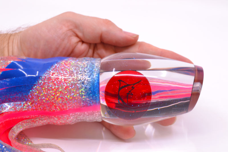 Bonze Lures Clear Mirrored Red Eyes Sugar Daddy 14" 16.5oz Skirted Holo-Blue Bars/Pink