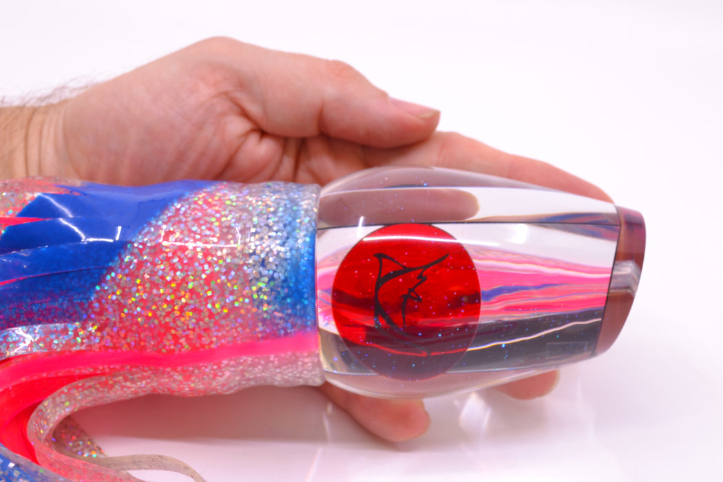Bonze Lures Clear Mirrored Red Eyes Sugar Daddy 14" 16.5oz Skirted Holo-Blue Bars/Pink