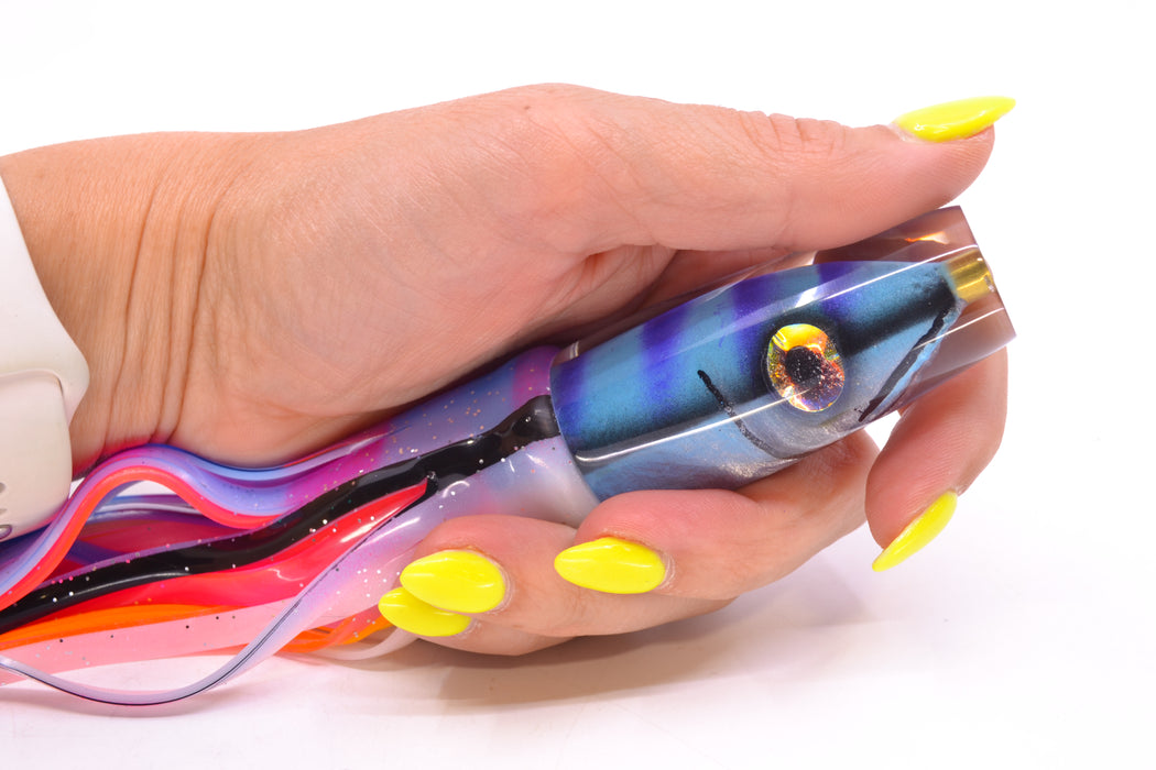 Tsutomu Lures Blue & Purple Bars-Black Line Fish Head Ali'i Invert 7" 5.7oz Skirted Gay Bob