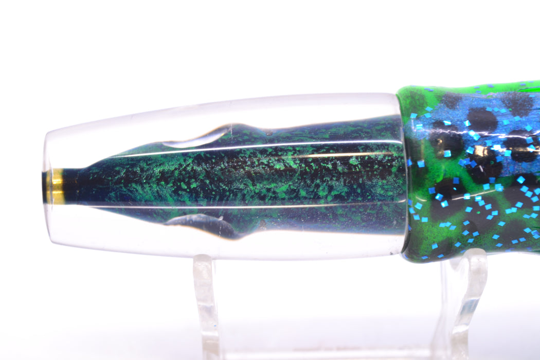 Tsutomu Lures Black/Green-Blue-Silver Fish Head Ali'i Invert 7" 5.7oz Skirted Black Dots