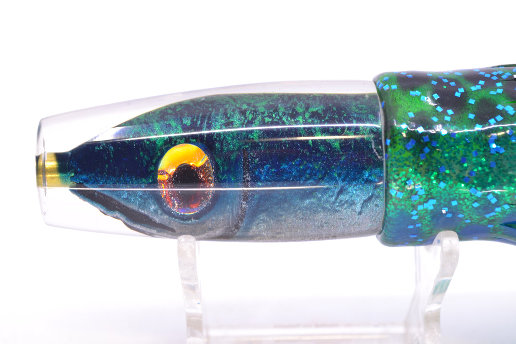 Tsutomu Lures Black/Green-Blue-Silver Fish Head Ali'i Invert 7" 5.7oz Skirted Black Dots