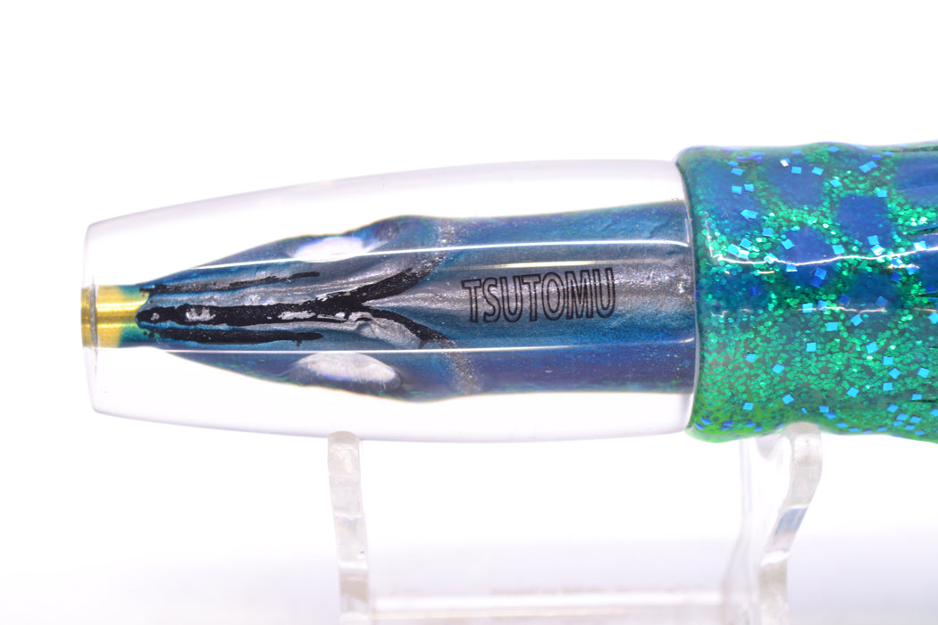 Tsutomu Lures Black/Green-Blue-Silver Fish Head Ali'i Invert 7" 5.7oz Skirted Black Dots