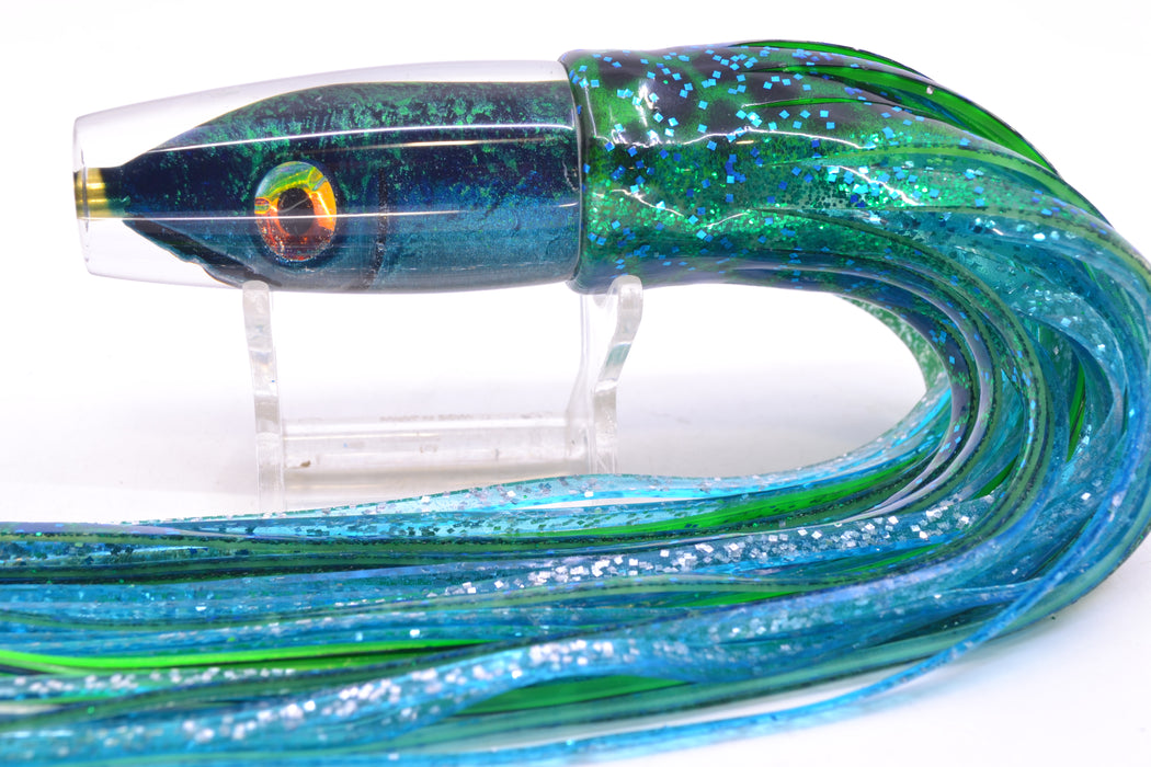 Tsutomu Lures Black/Green-Blue-Silver Fish Head Ali'i Invert 7" 5.7oz Skirted Black Dots