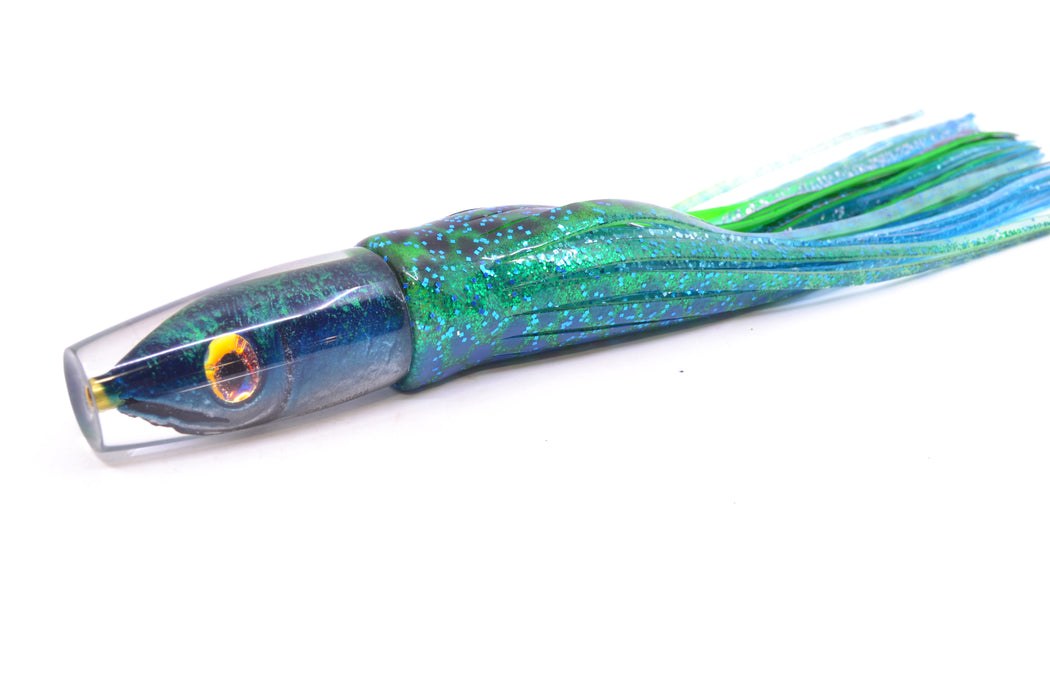 Tsutomu Lures Black/Green-Blue-Silver Fish Head Ali'i Invert 7" 5.7oz Skirted Black Dots