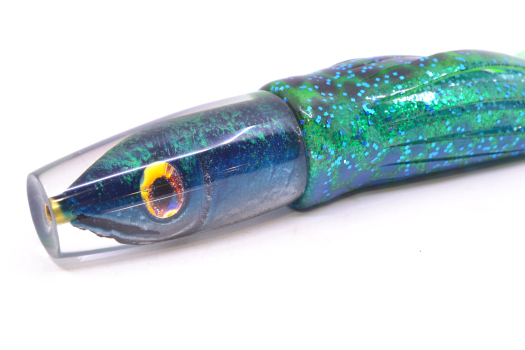 Tsutomu Lures Black/Green-Blue-Silver Fish Head Ali'i Invert 7" 5.7oz Skirted Black Dots
