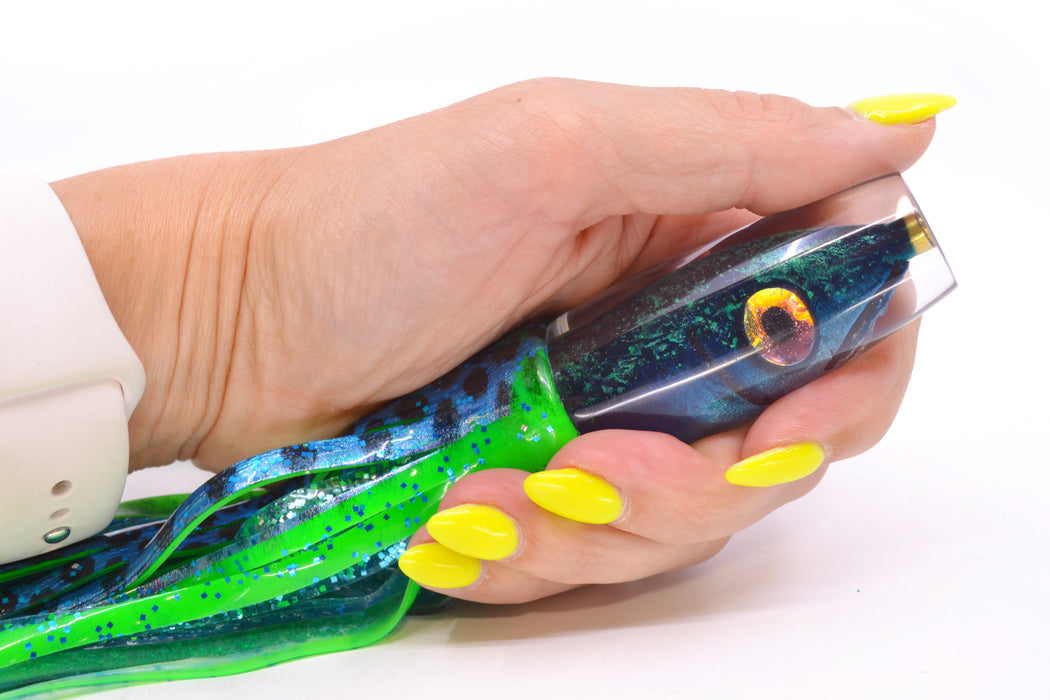 Tsutomu Lures Black/Green-Blue-Silver Fish Head Ali'i Invert 7" 5.7oz Skirted Black Dots