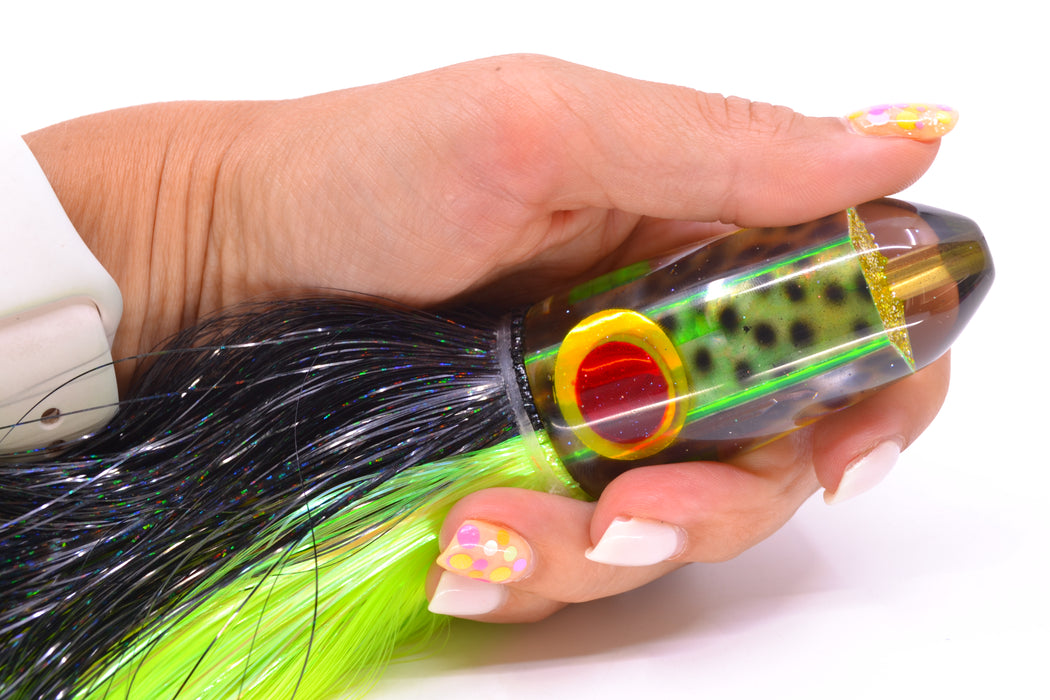 Ganku Lures Green "Tiger Cowrie" Red-Gold Eyes Long Bullet 9" 7oz Strobez Black-Green GZE