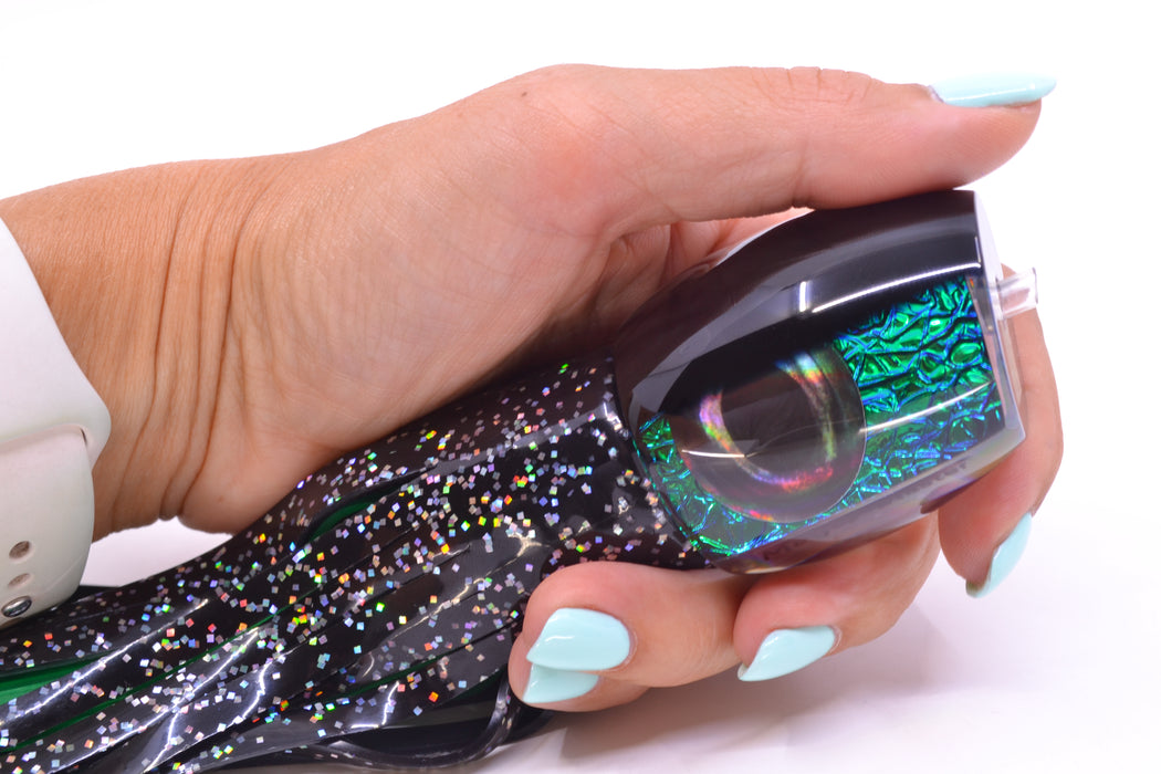 Moyes Lures Blue-Green Oil Slick Black Back Taxi Eyes Medium Blaster 12" 6oz Skirted Black