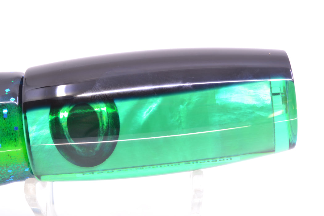 Moyes Lures Green MOP Black Back Medium Shotgun 10" 6.2oz Skirted Black Dots-Blue Dots GZE