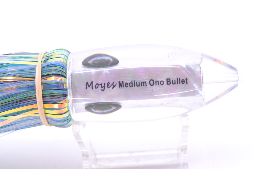Moyes Lures White MOP Medium Ono Bullet 9" 5.5oz Skirted Mixed Blue-Black-White Hair