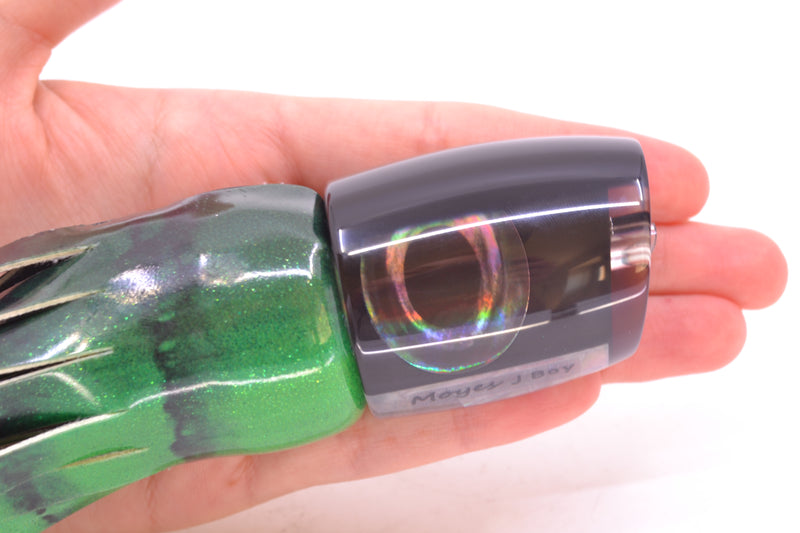 Moyes Lures Black Pearl Black Back Taxi Eyes Medium J-Boy 12" 5oz FT Vinyl Green Tiger