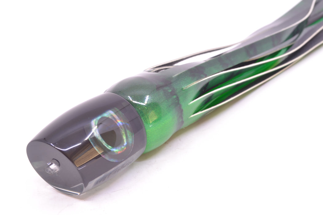 Moyes Lures Black Pearl Black Back Taxi Eyes Medium J-Boy 12" 5oz FT Vinyl Green Tiger