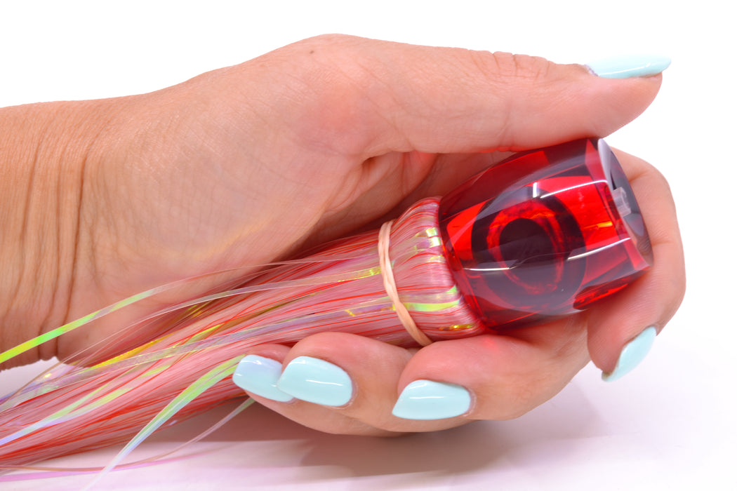 Moyes Lures Red Mirrored Taxi Eyes Small Secret 9" 1.6oz Skirted Mixed Red-White Hair