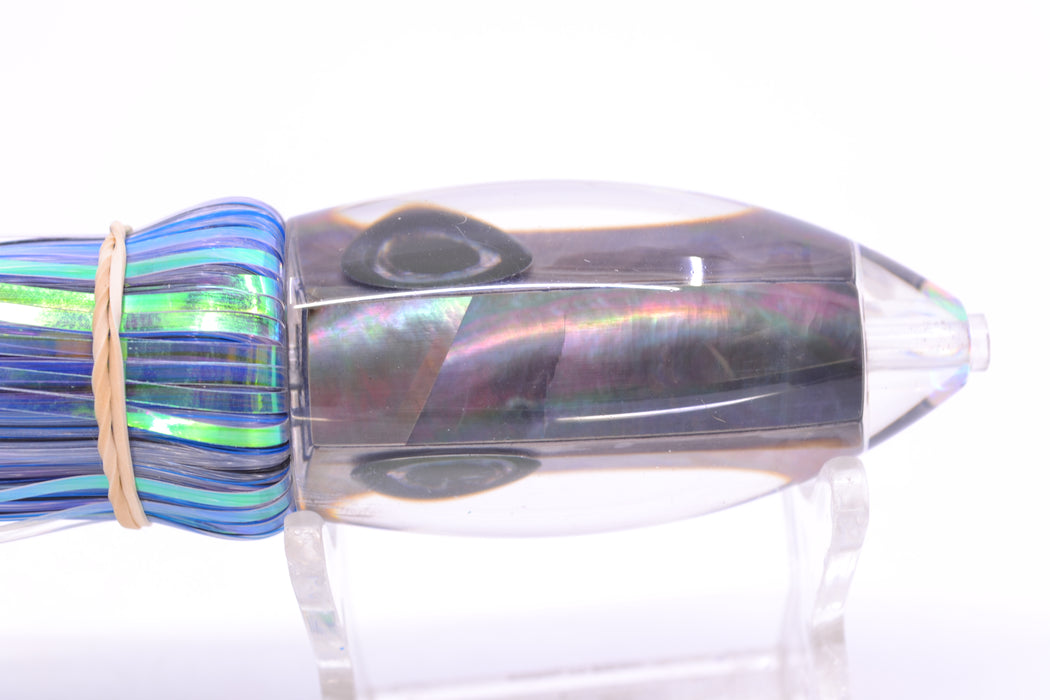 Moyes Lures Tahitian MOP Small Ono Bullet 7" 3.8oz Skirted Mixed Blue-Black-White Hair