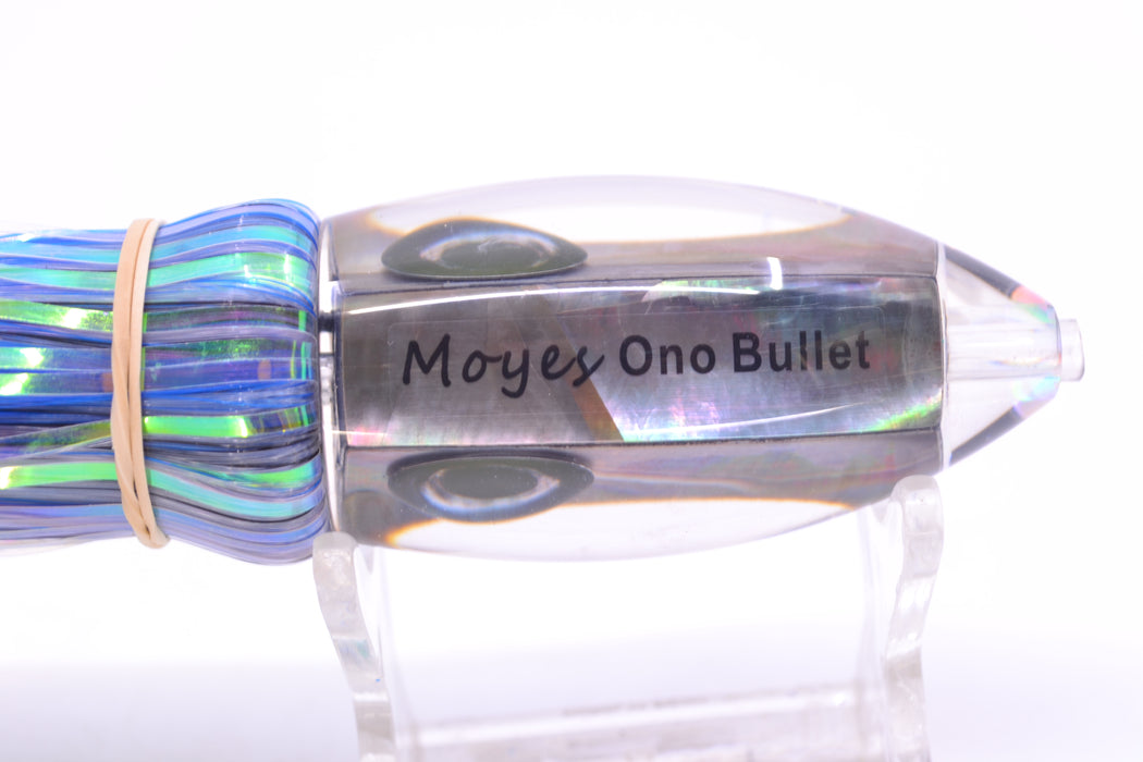Moyes Lures Tahitian MOP Small Ono Bullet 7" 3.8oz Skirted Mixed Blue-Black-White Hair