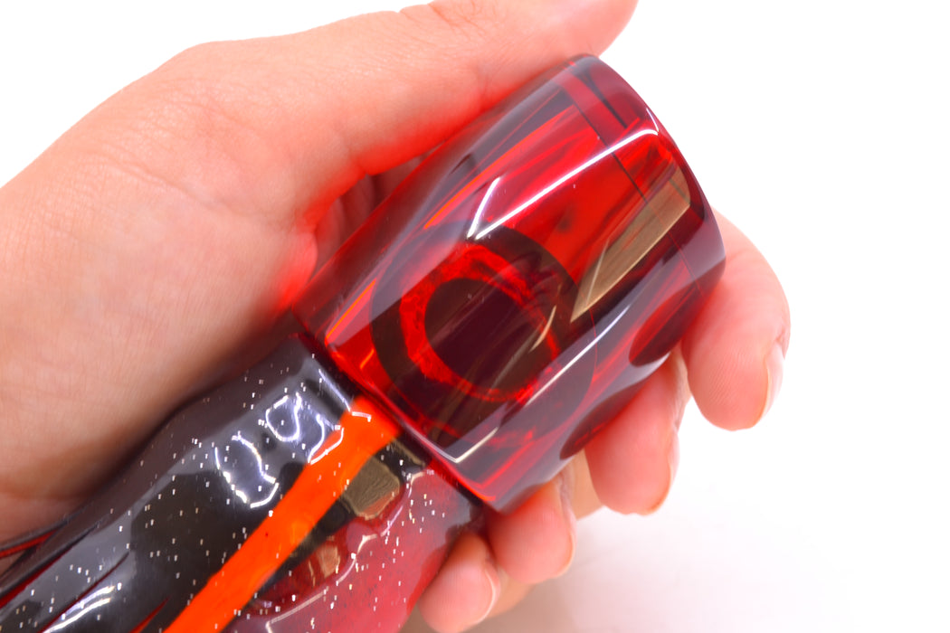 Moyes Lures Red Mirrored Taxi Eyes Medium J-Boy 12" 7oz Skirted Black-Orange-Red