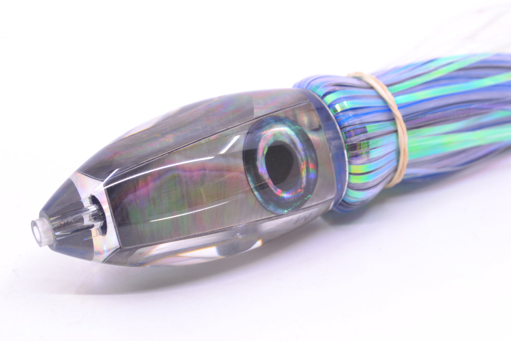 Moyes Lures Tahitian MOP Small Ono Bullet 7" 3.8oz Skirted Mixed Blue-Black-White Hair