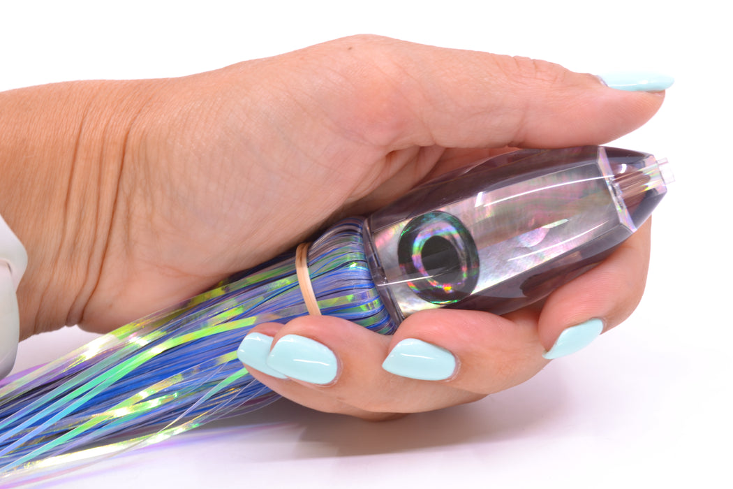 Moyes Lures Tahitian MOP Small Ono Bullet 7" 3.8oz Skirted Mixed Blue-Black-White Hair