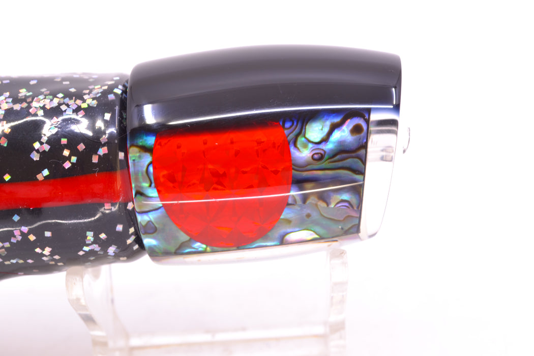 Moyes Lures Paua Shell Black Back Red Eyes Medium J-Boy 12" 7oz Skirted Black