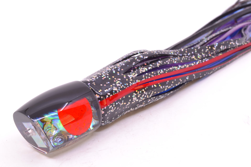 Moyes Lures Paua Shell Black Back Red Eyes Medium J-Boy 12" 7oz Skirted Black