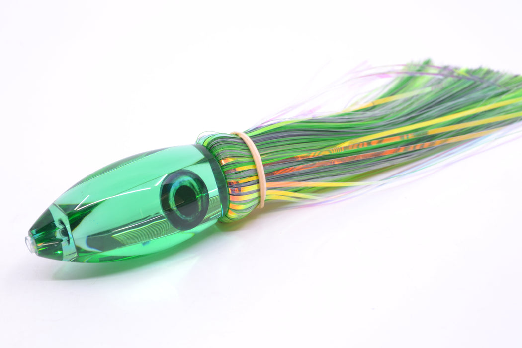 Moyes Lures Green Mirrored Small Ono Bullet 7" 3.8oz Skirted Mixed Green-White Hair