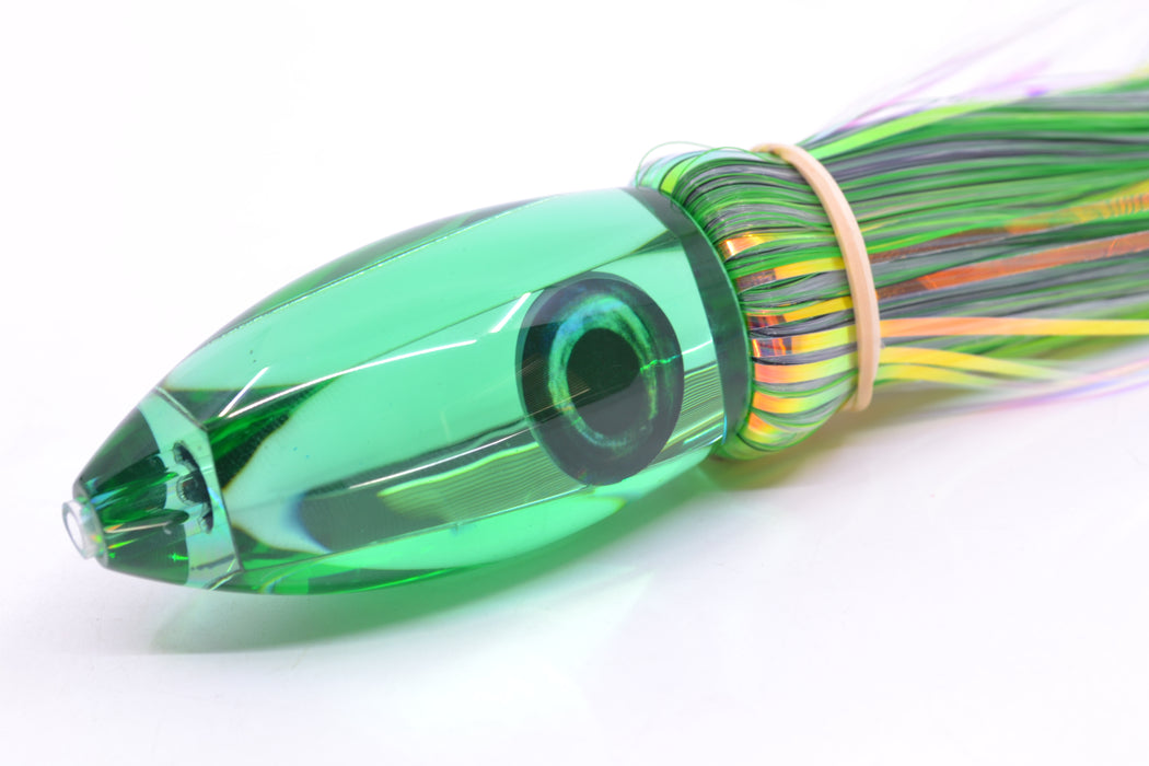 Moyes Lures Green Mirrored Small Ono Bullet 7" 3.8oz Skirted Mixed Green-White Hair
