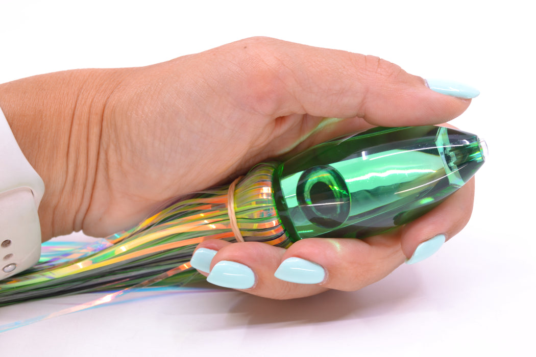 Moyes Lures Green Mirrored Small Ono Bullet 7" 3.8oz Skirted Mixed Green-White Hair