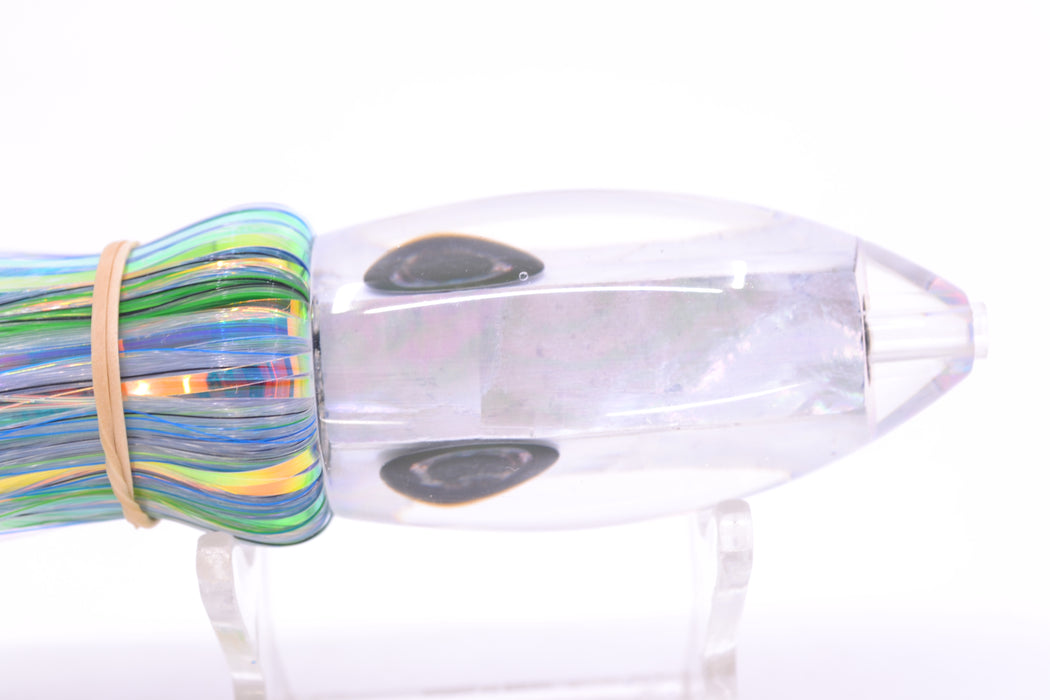 Moyes Lures White MOP Small Ono Bullet 7" 3.8oz Skirted Mixed Blue-Green-Black-White Hair