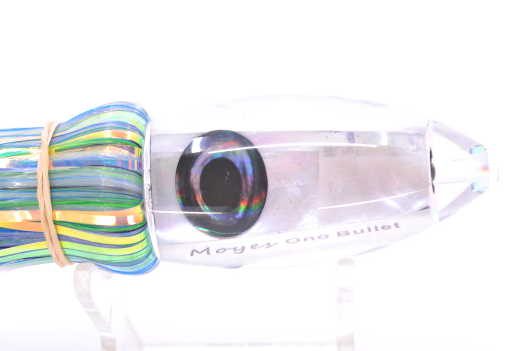 Moyes Lures White MOP Small Ono Bullet 7" 3.8oz Skirted Mixed Blue-Green-Black-White Hair
