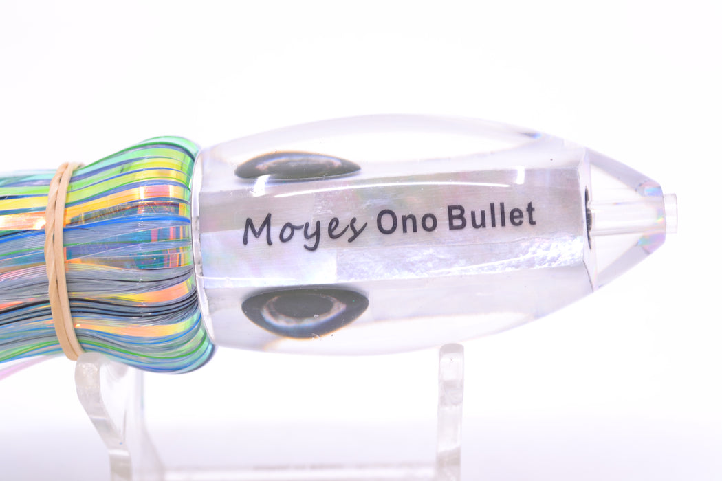Moyes Lures White MOP Small Ono Bullet 7" 3.8oz Skirted Mixed Blue-Green-Black-White Hair