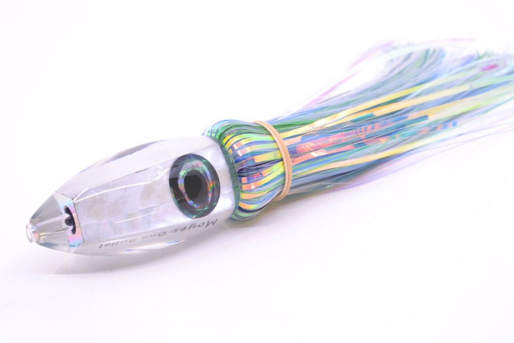 Moyes Lures White MOP Small Ono Bullet 7" 3.8oz Skirted Mixed Blue-Green-Black-White Hair