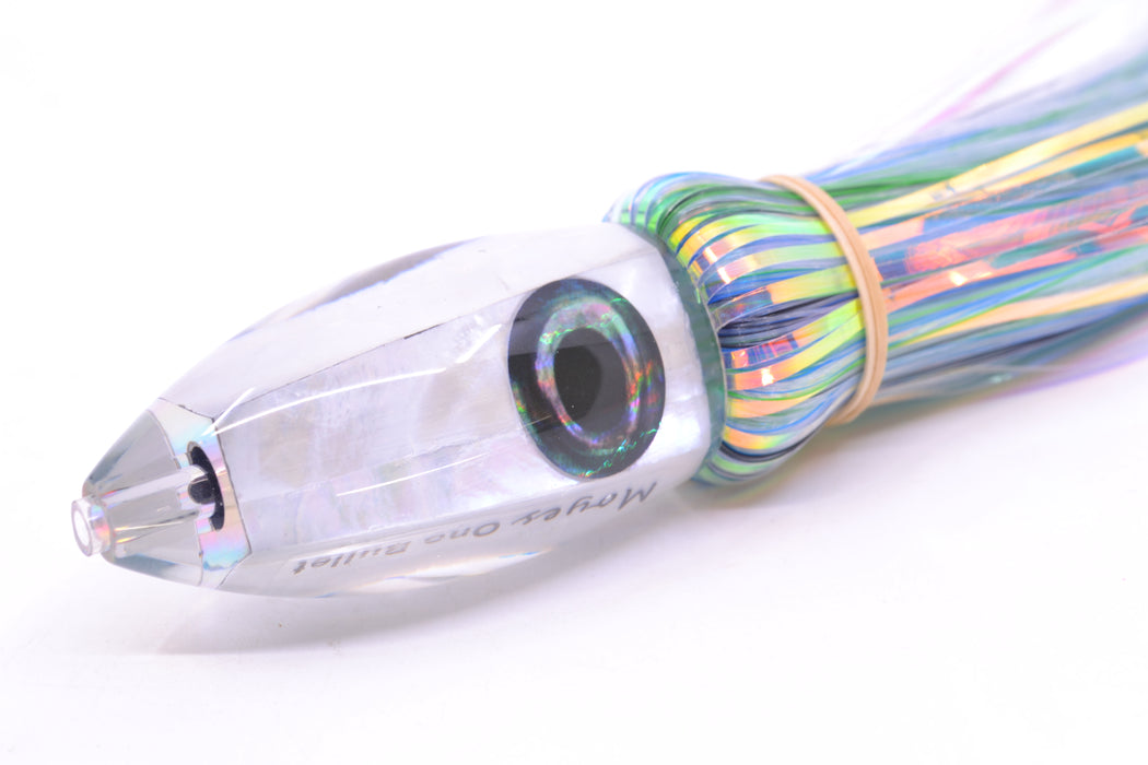 Moyes Lures White MOP Small Ono Bullet 7" 3.8oz Skirted Mixed Blue-Green-Black-White Hair