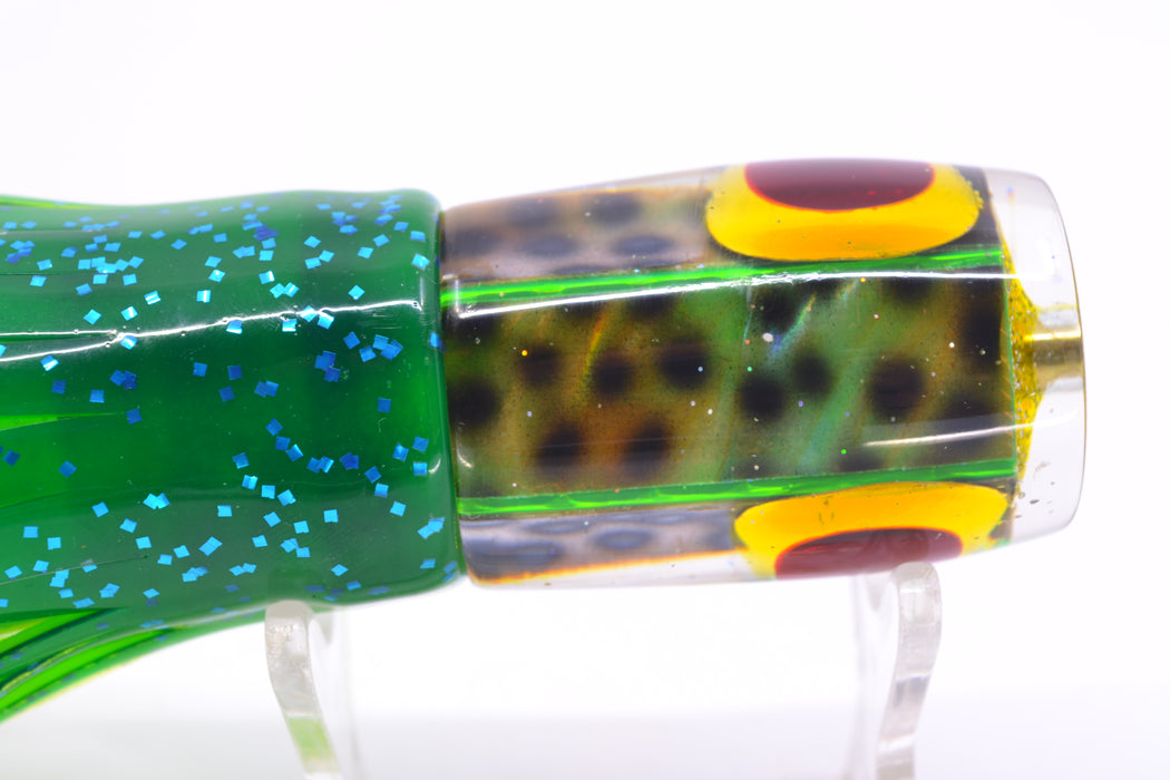 Ganku Lures Green "Tiger Cowrie" Hunchback Pusher 9" 6.5oz Skirted Mahi