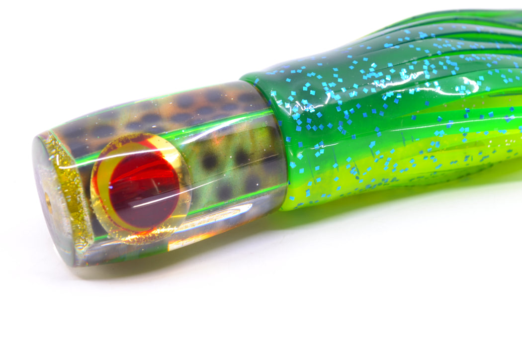 Ganku Lures Green "Tiger Cowrie" Hunchback Pusher 9" 6.5oz Skirted Mahi