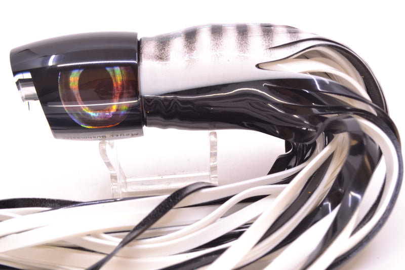 Moyes Lures Black Pearl Black Back Taxi Eyes Bushmaster 12" 10oz Skirted White Aurora
