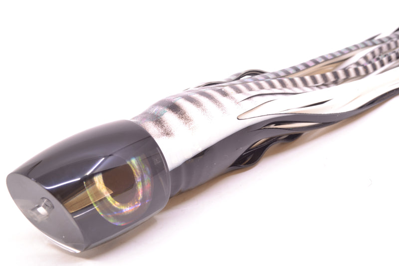 Moyes Lures Black Pearl Black Back Taxi Eyes Bushmaster 12" 10oz Skirted White Aurora