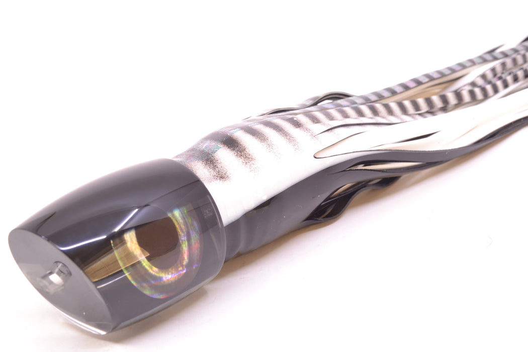 Moyes Lures Black Pearl Black Back Taxi Eyes Bushmaster 12" 10oz Skirted White Aurora
