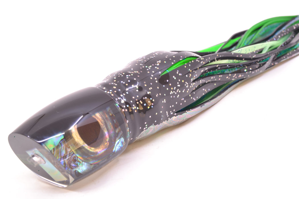 Moyes Lures Paua Shell Black Back Taxi Eyes Bushmaster 12" 10oz Skirted Black