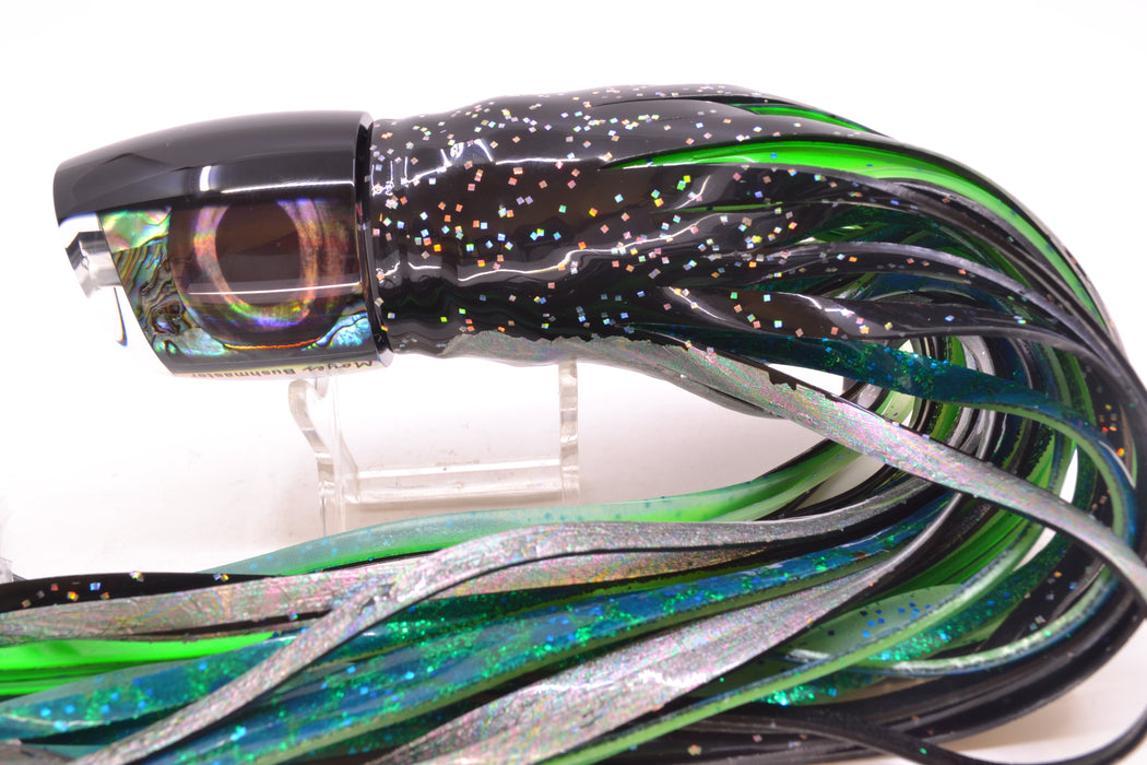 Moyes Lures Paua Shell Black Back Taxi Eyes Bushmaster 12" 10oz Skirted Black