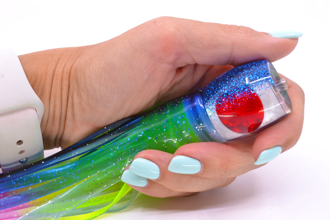 Moyes Lures White MOP Blue Glitter Back Red Eyes Small Secret 9" 3oz Skirted