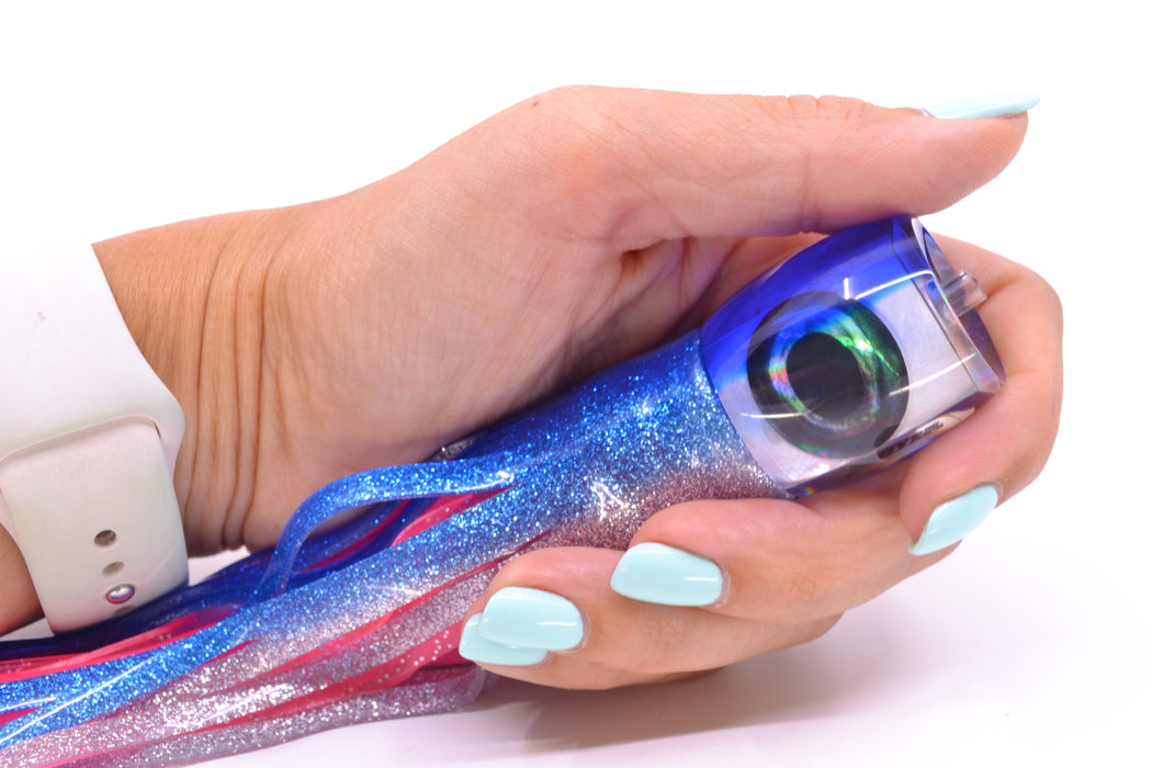 Moyes Lures White MOP Blue Back Taxi Eyes Small Secret 9" 3oz Skirted Blue-Silver/Pink